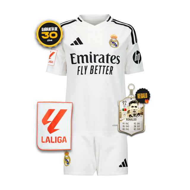 Conjunto Niños Real Madrid PARCHE LA LIGA Primera Equipacíon 2024/25 + 5 REGALOS 🎁