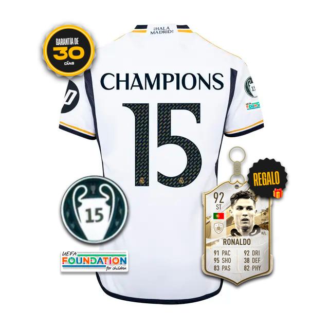 Camiseta Real Madrid Primera Equipación Blanca CHAMPIONS 15 23/24 + 5 REGALOS 🎁